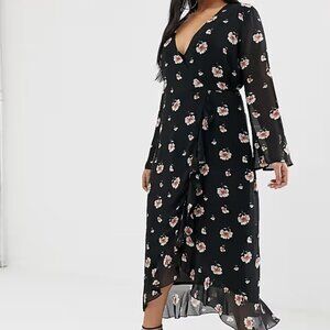 Missguided Women Black Floral Wrap Dress 14 Ruffle Boho Whimsigoth Cottagecore